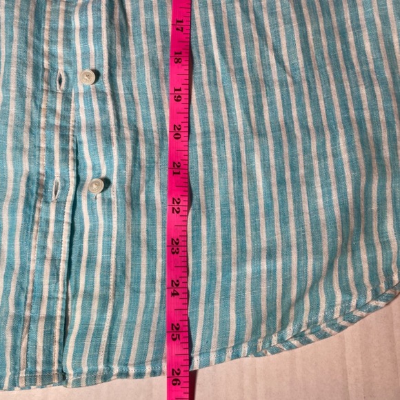 Talbots Womens Small Linen Button Down Shirt Striped Turquoise White Long Sleeve - Picture 7 of 7